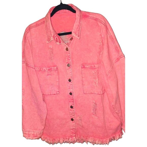Vintage Pink Distressed Denim Jacket With Frayed Hem & Button Front Large - Picture 5 of 9